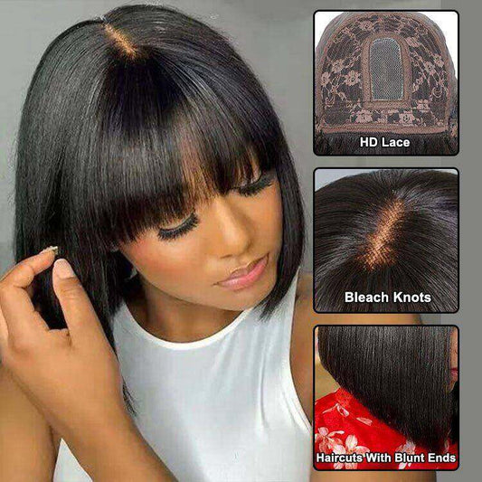 Glueless Mini Hd Lace Breathable Cap Silk Straight Bob Wig Human Hair with Bangs
