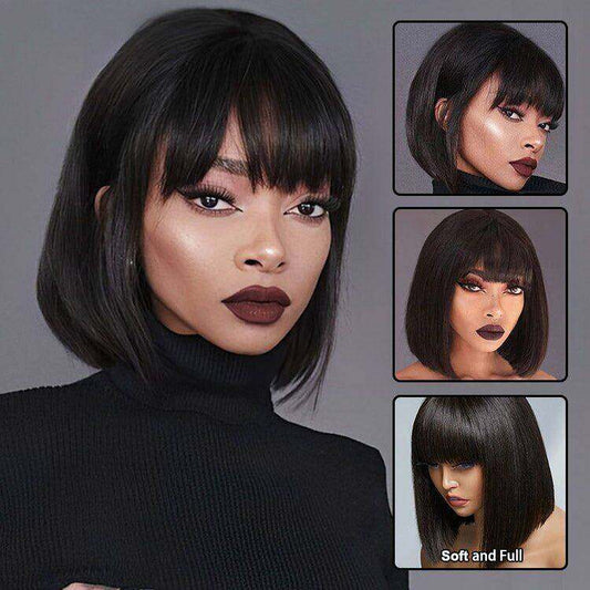 Straight Fringe Bob Wig With Bangs Brazilian Short Bob Machine Made Wig With Bangs Remy Hair Full Wig Natural Color