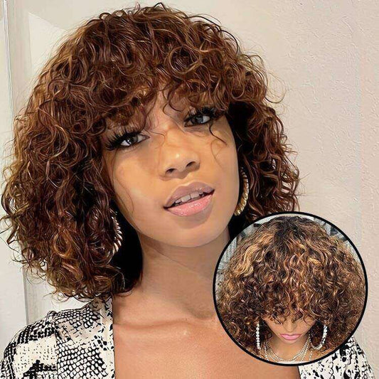 Highlight #4/30 Glueless Water Wave Bob Wig Human hair with Bangs