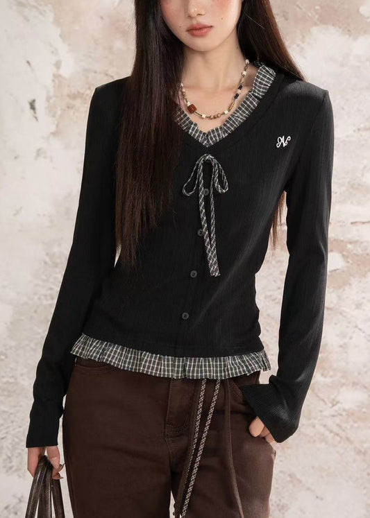 Black Patchwork Cotton Fake Two Piece Tops Ruffled