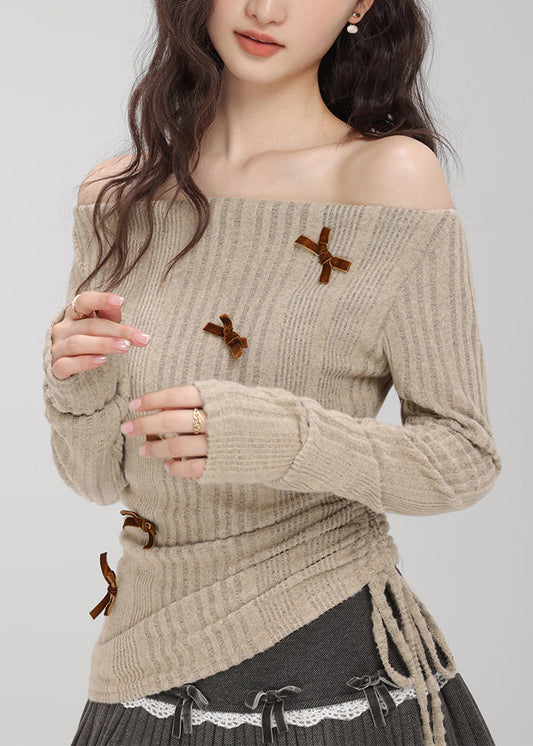 Khaki Cold Shoulder Drawstring Knit Top