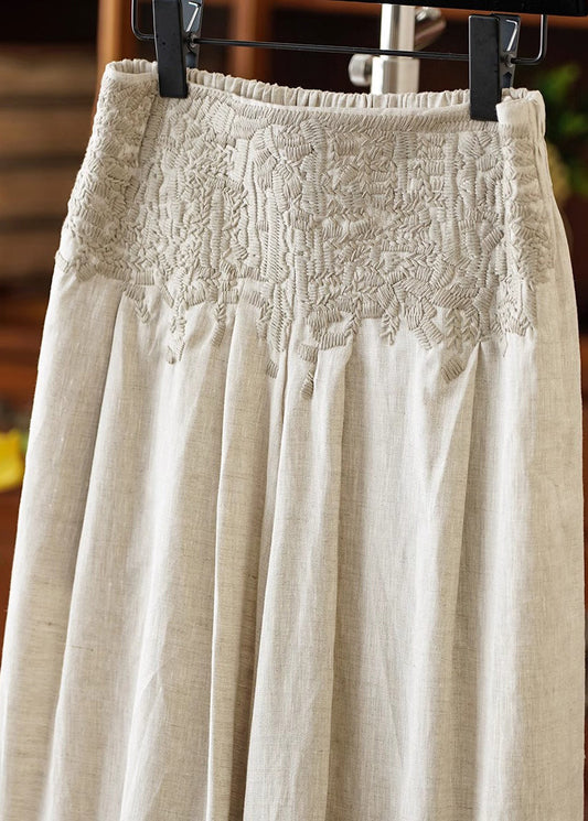 Apricot High Waist Embroidered Linen Wide Leg Pants