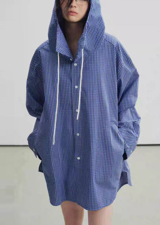 Blue Hooded Plaid Cotton Trench