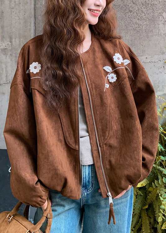 Brown Embroidered Floral Faux Suede Jacket