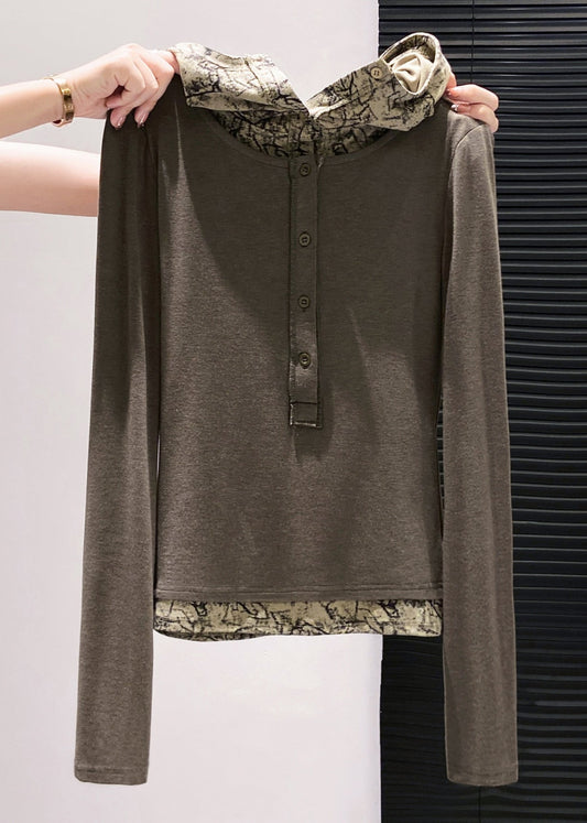Brown Hooded Patchwork Cotton Fake Two Piece Tops