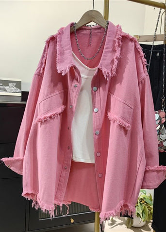 Pink Tasseled Oversized Denim Shirts Coat