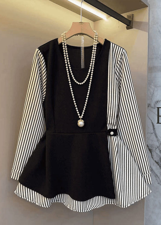 Black Oversized Patchwork Cotton Fake Two Piece Tops