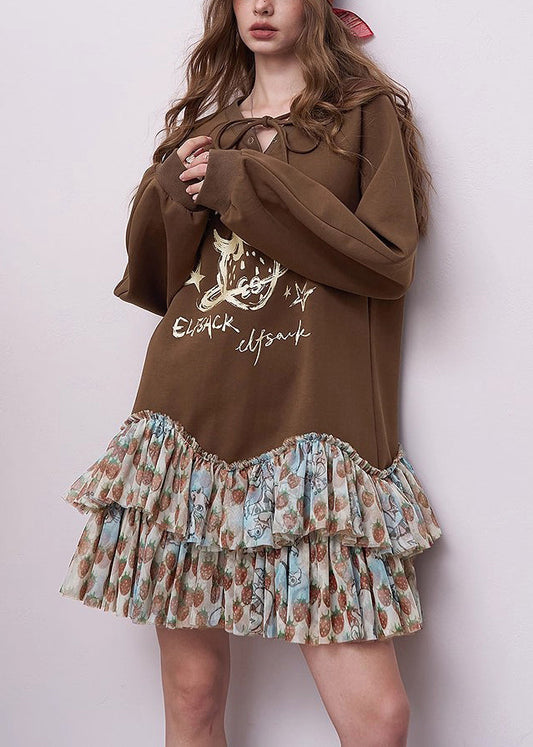 Brown Oversized Patchwork Cotton Sweatshirts Dress