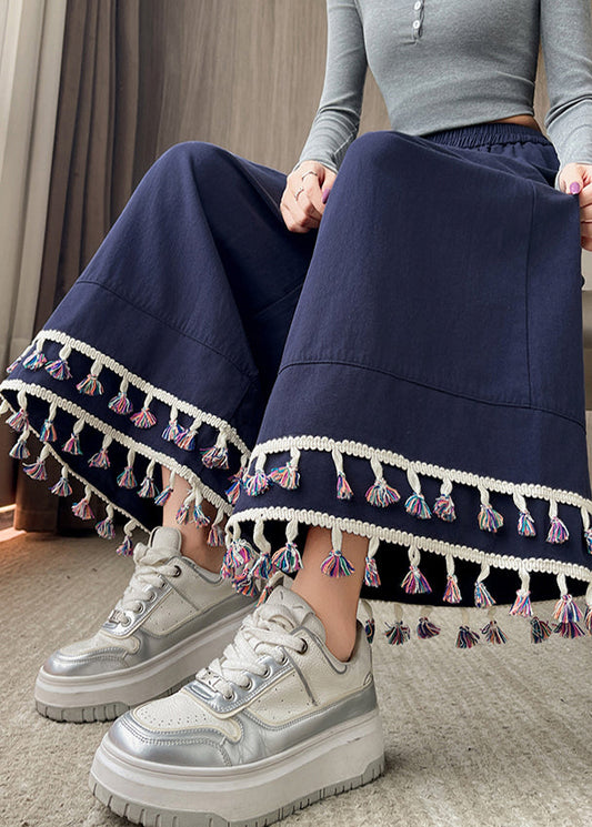 Navy Tasseled Cotton Wide Leg Pants Trousers