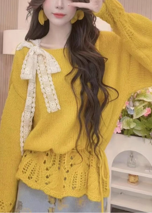 Yellow Hollow Out Bow Knit Sweaters