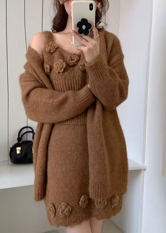 Brown Floral Decorated Knit Three Piece Set Women Clothing