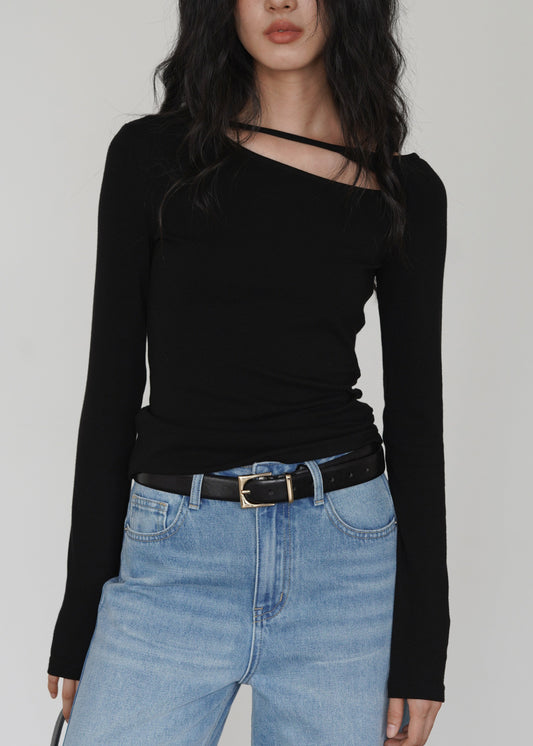 Black Asymmetrical Design Cotton Tops