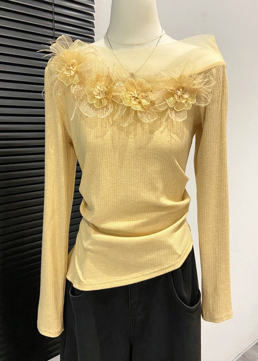 Yellow Cold Shoulder Floral Decorated Cotton Shirts