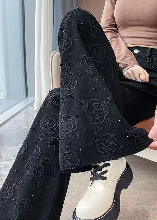 Black Embroidered Floral Nail Bead Denim Bell-bottom Trousers