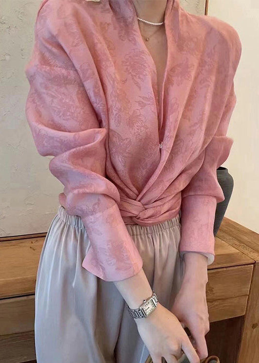 Pink Asymmetrical Jacquard Chiffon Top