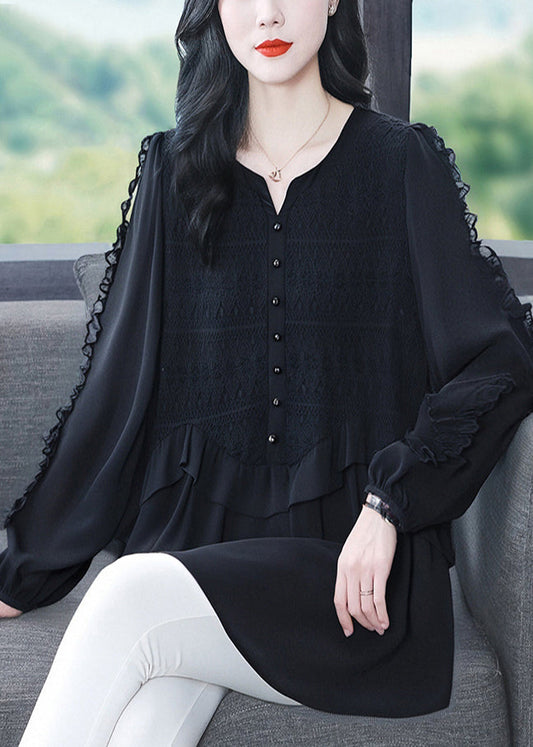Black Ruffled Patchwork Lace Shirts