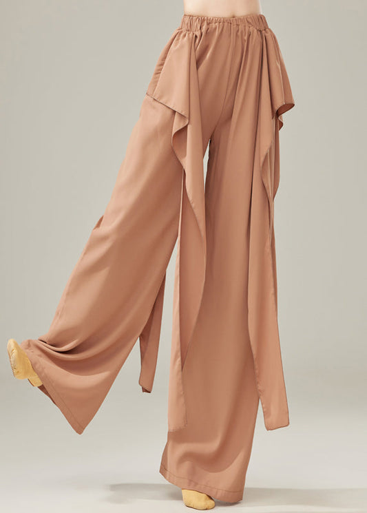 Brown Elastic Waist Cotton Straight Pants