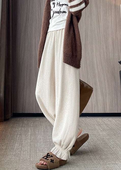 Fitted Beige Elastic Waist Knit Lantern Pants