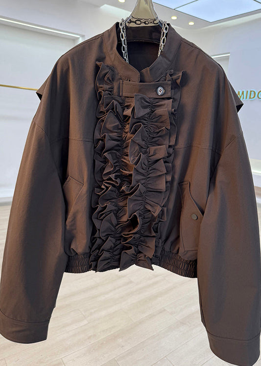 French Brown Ruffled Pockets Cotton Jackets