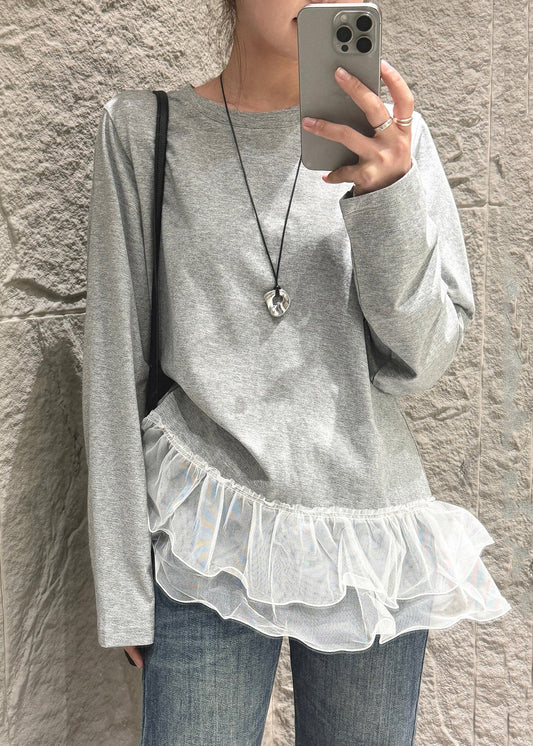 French Grey Oversized Patchwork Cotton Blouse Tops