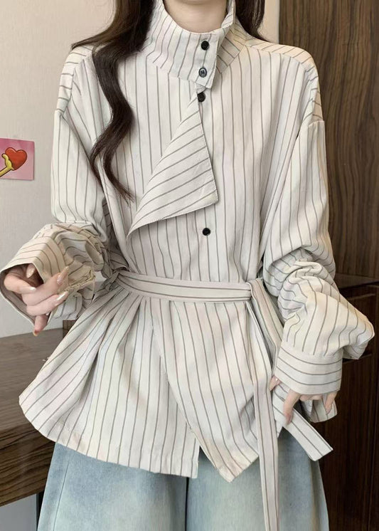 French White Stand Collar Striped Cotton Tunic Coat