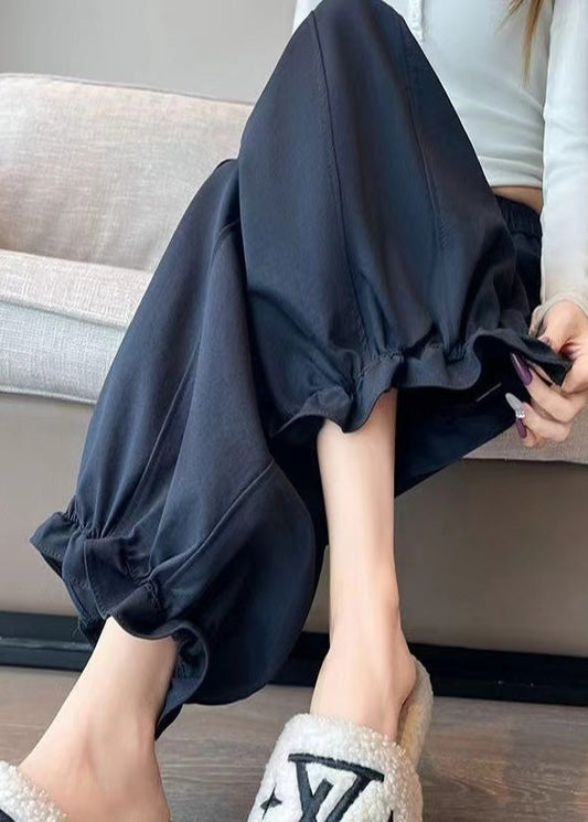 Navy Ruffled Cotton Crop Pants