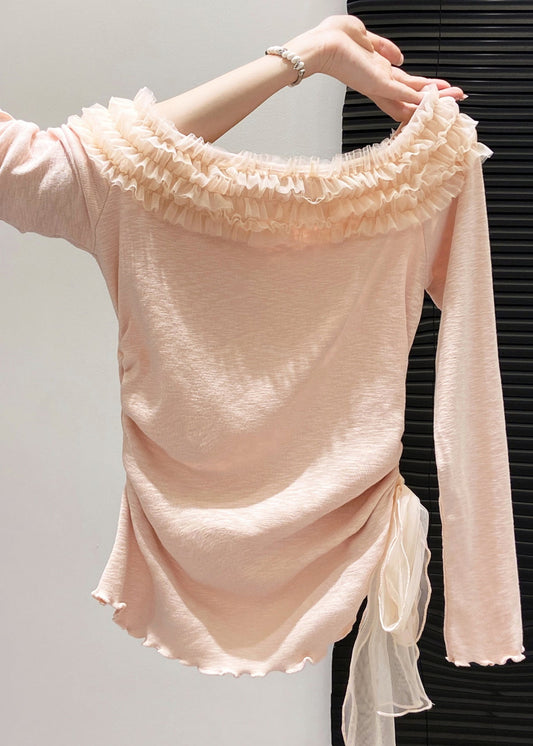 Pink Ruffled Patchwork Cotton Tops