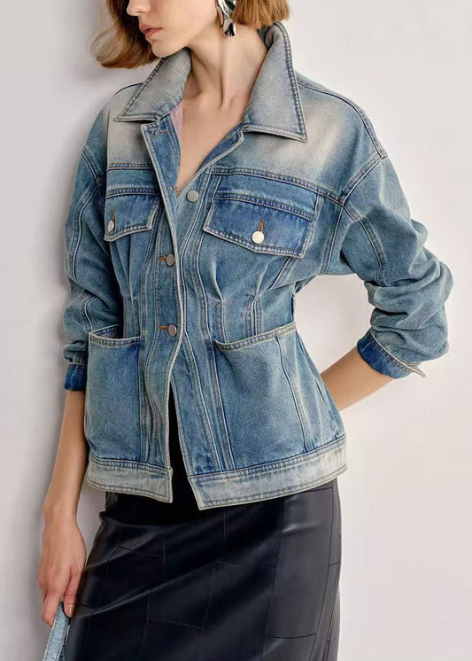 Italian Gradient Color Peter Pan Collar With Pockets Denim Coats