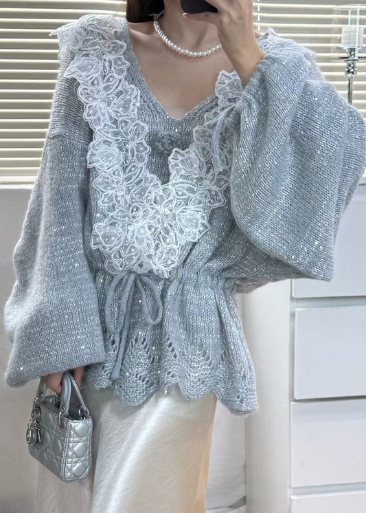 Italian Grey Cinched Patchwork Knit Women Sets 2 Pieces