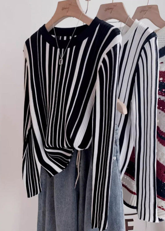 Italian O-Neck Striped Knit Sweater Tops