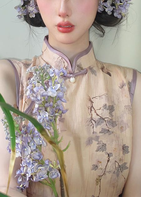 Khaki Print Cotton Cheongsam Dresses Sleeveless