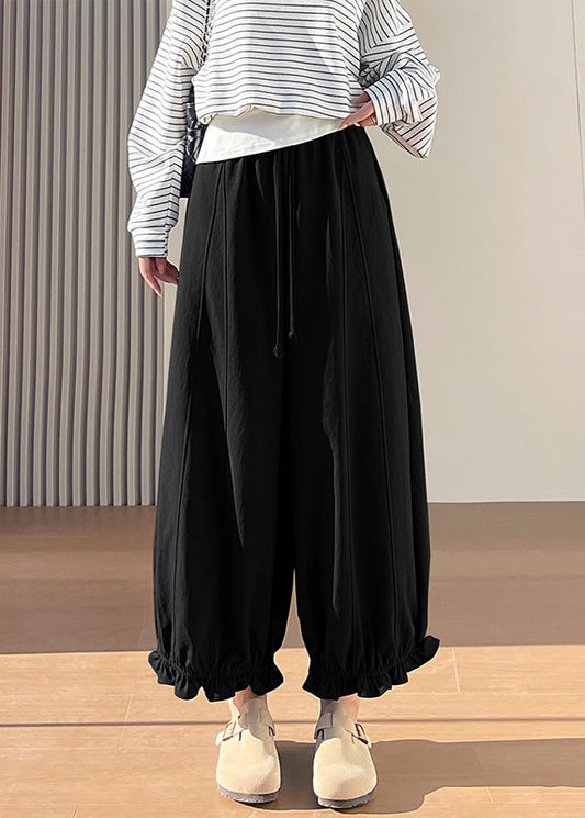 Plus Size Black Elastic Waist Ruffled Cotton Pants