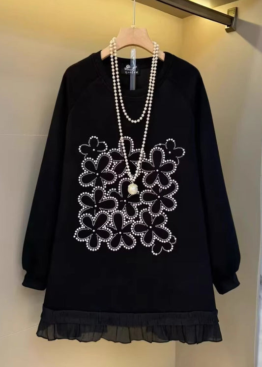 Plus Size Black Oversized Patchwork Cotton Sweatshirt Streetwear