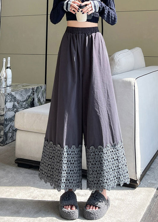 Plus Size Grey Floral Patchwork Cotton Wide Leg Pants