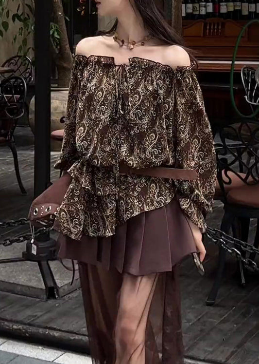 Style Chocolate Cold Shoulder Print Cotton Blouse Top