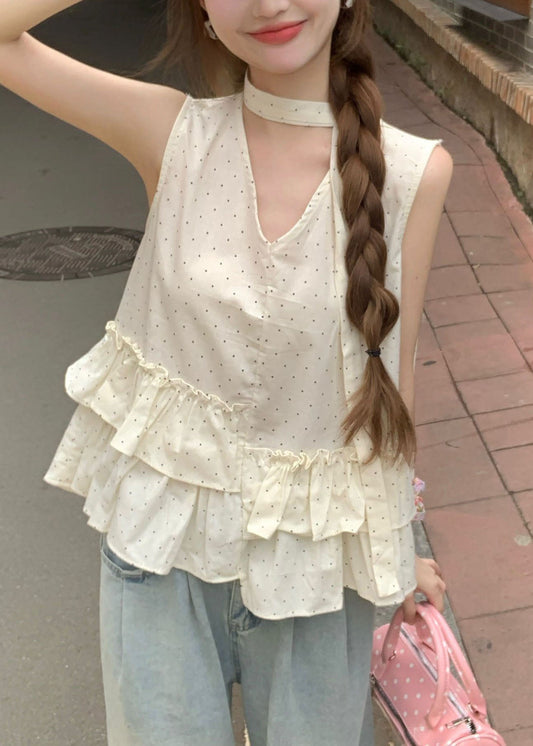 Beige Ruffled Print Cotton Tank Tops Sleeveless