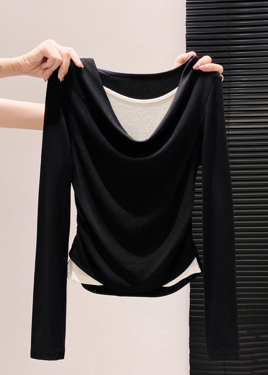 Black Wrinkled Cotton Fake Two Piece Tops