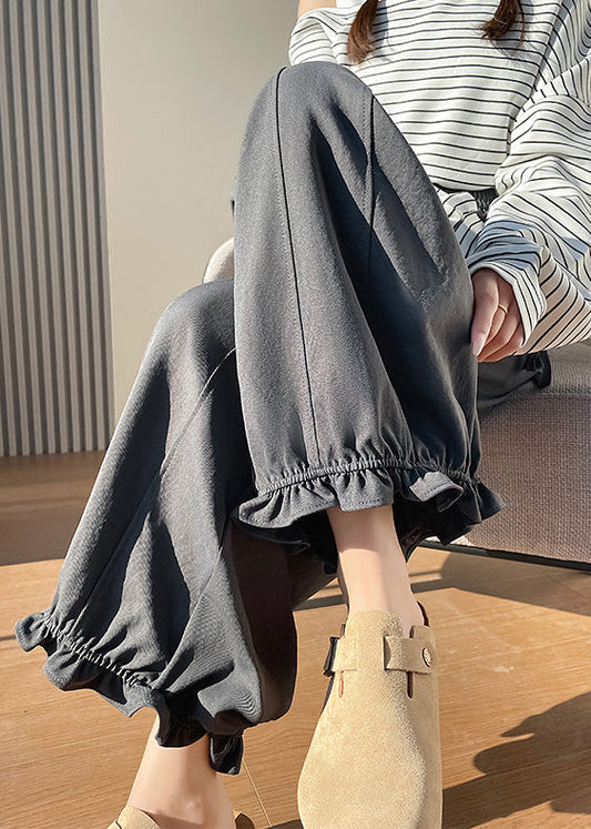 Grey Ruffled Cotton Wide Leg Pants