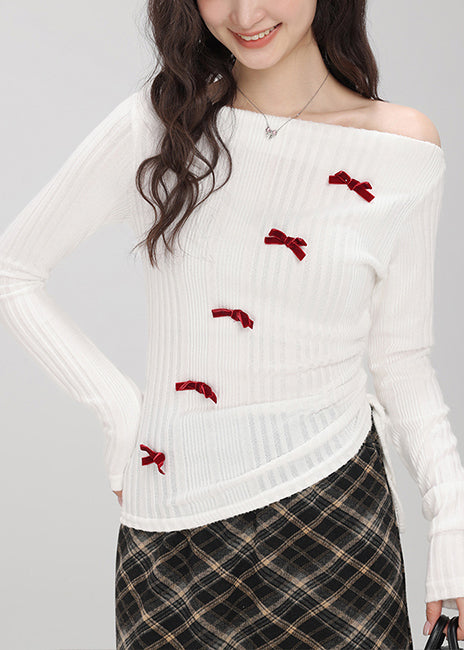 White Bow Knit Tops Slash Neck Drawstring
