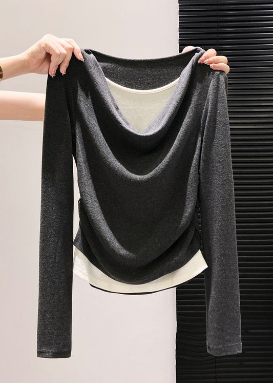 Grey Wrinkled Patchwork Cotton Shirts