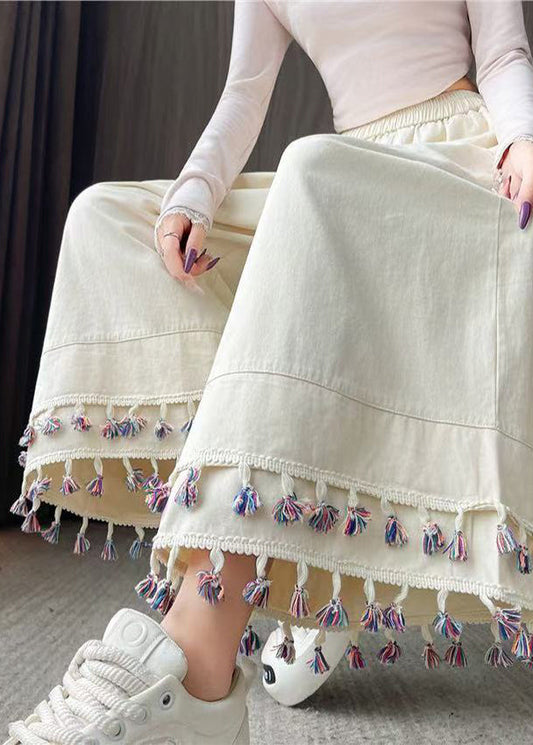 White Tasseled Patchwork Cotton Crop Pants
