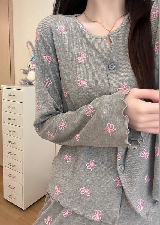 Women Grey Bow Print Cotton Women Pajama Sets