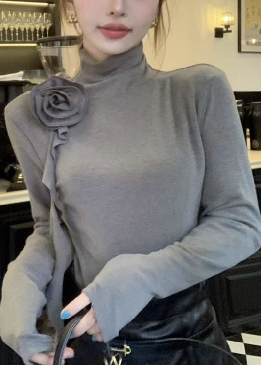 Women Grey Turtle Neck Stereoscopic Floral Cotton Shirts
