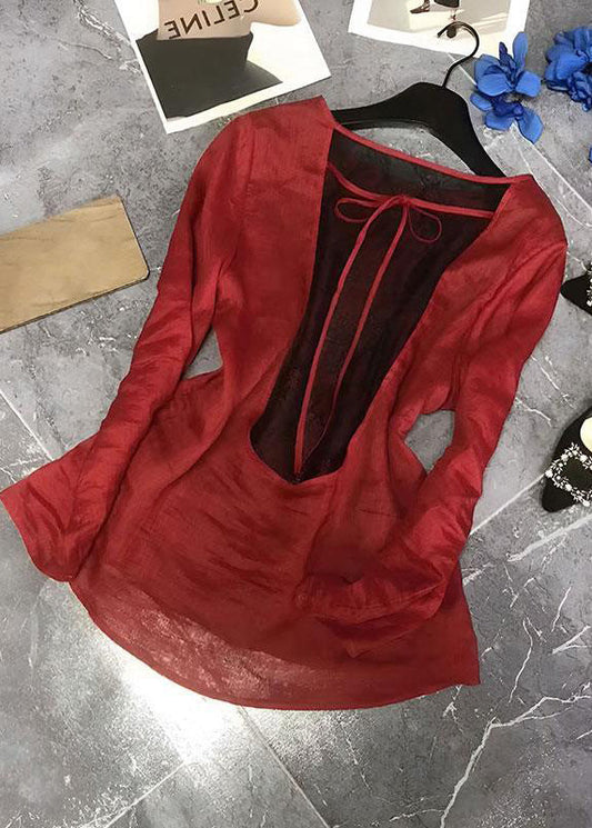 Women Red Back Lace Up Patchwork Cotton Tops