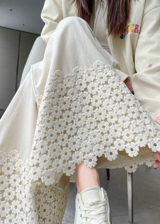 Women White Embroidered Patchwork Cotton Pants