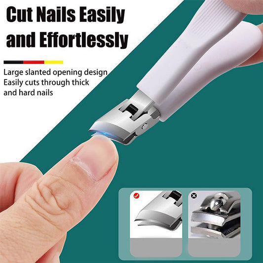 Angled, splash-proof nail clippers with a wide opening